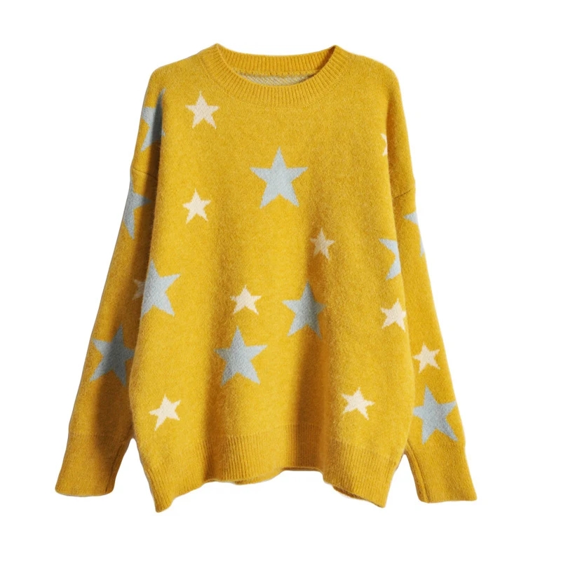TIGENA Beautiful Stars Big Size Sweater Women Jumper 2019 Autumn Winter Loose Oversize Knit Pullover Female Green Yellow | Женская