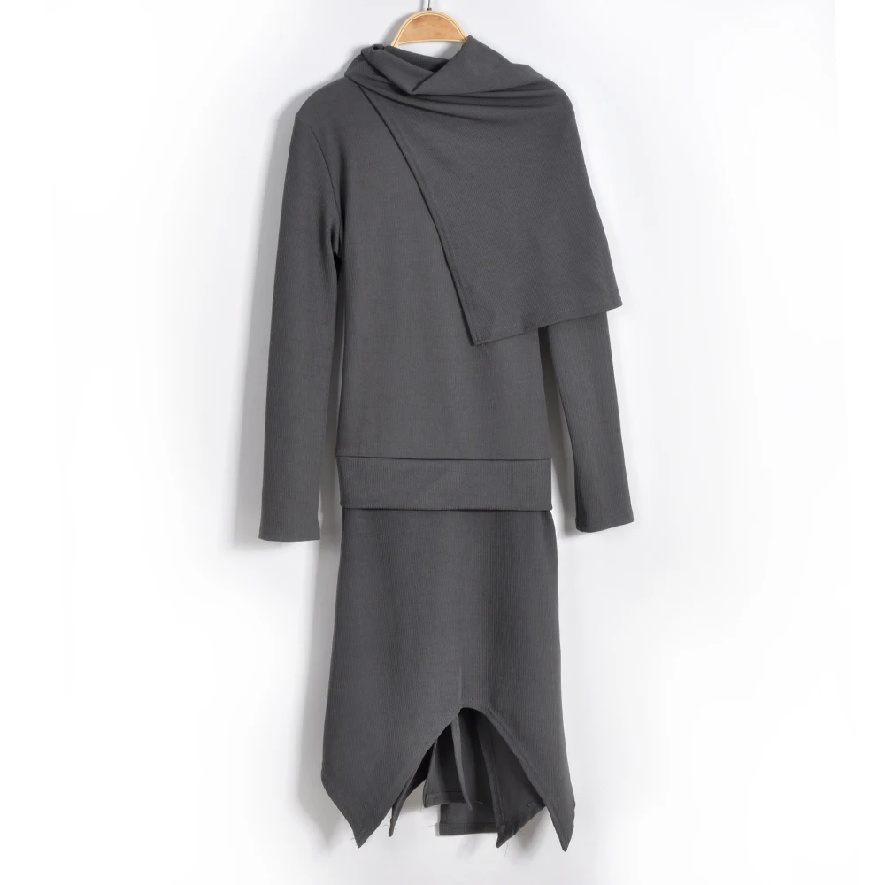 Женский ассиметричный чистый цвет длинный рукав свитер с поясом платье Высокая