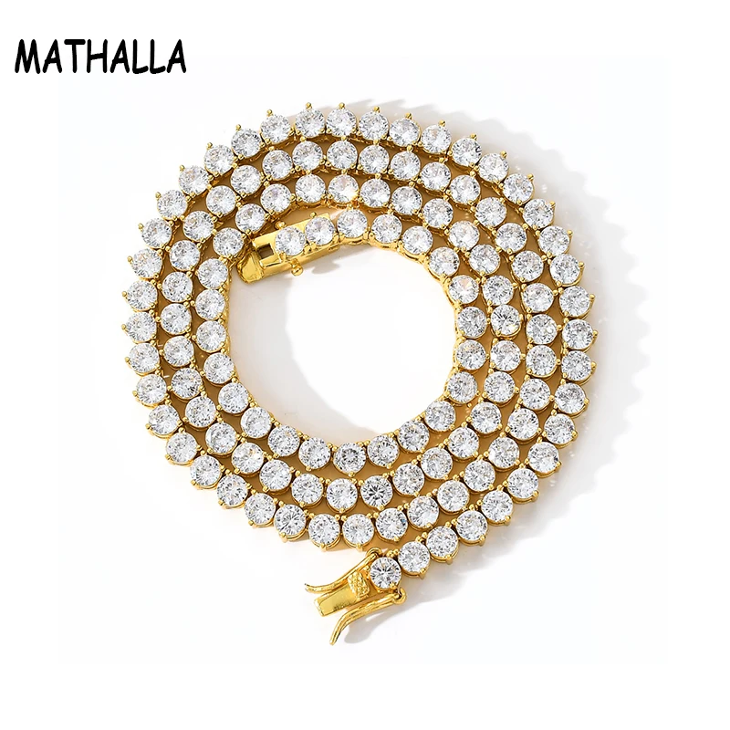 

MATHALLA Bing Bling Iced Out Cubic Zircon 4mm Tennis Chain Necklace with 3 Three Prongs Brass Hip Hop CZ Jewelry Homme