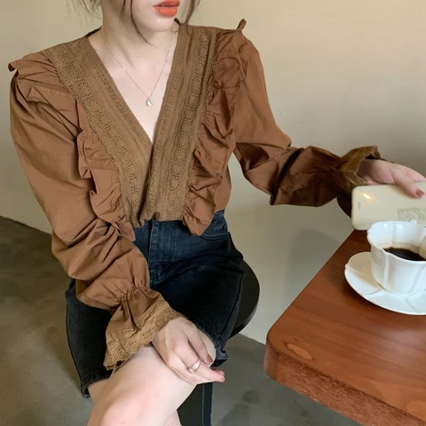 Женская винтажная рубашка, элегантная хлопковая блузка во французском дворцовом стиле с V-образным вырезом, оборками и длинными рукавами, Уличная обувь, весна-осень