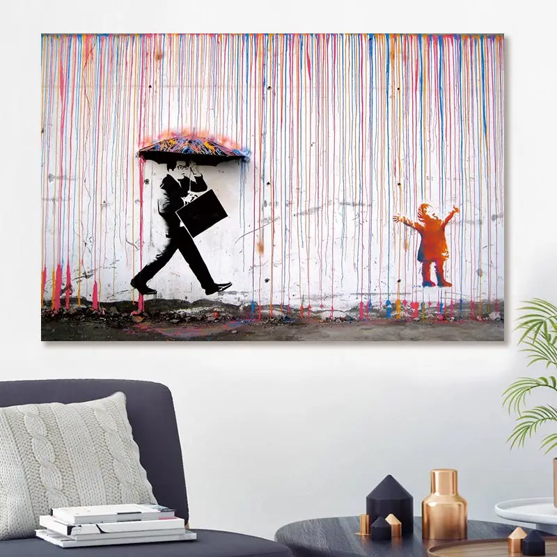 Banksy красочные дождь стены искусства холст картина домашний декор, произведение искусства плакаты и принты настенные картинки без рамки