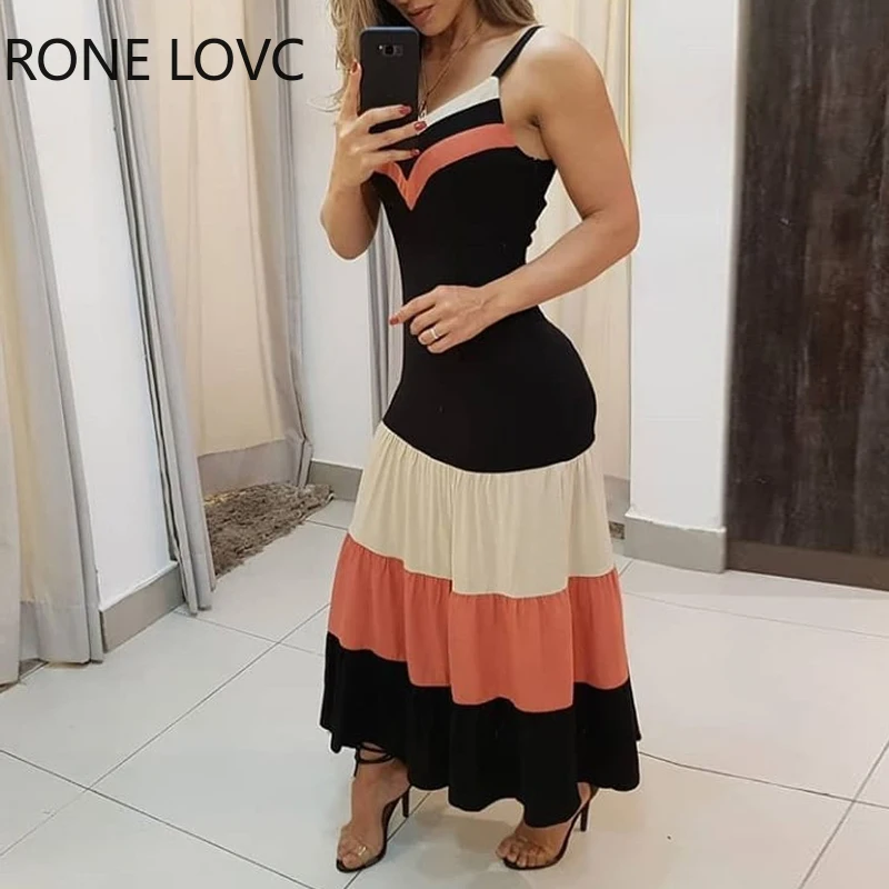 Женское платье макси на тонких бретельках с цветными блоками элегантное модное