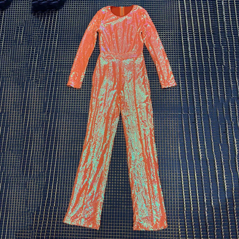 Новинка 2019 комбинезон Женский Блестящий Облегающий оранжевого цвета с длинными
