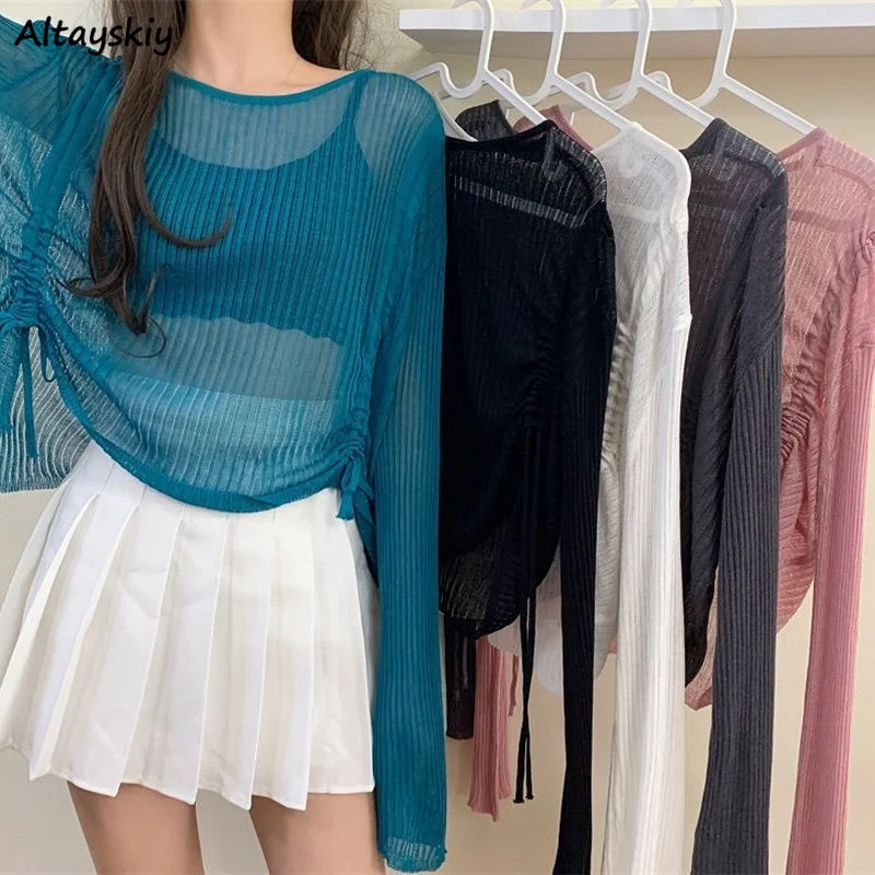 

T-shirts Women O-Neck Loose Solid Korean Style All-match Spring Autumn Fashionable Sun-proof Leisure Tees Knitted Student Chic