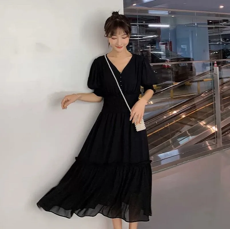 

Mazefeng Summer Women Vintage Mid-Calf Dresses Female Solid Dresses Ruffles Wrap Casual V-Neck Short Sleeve Dresses Robe Femme