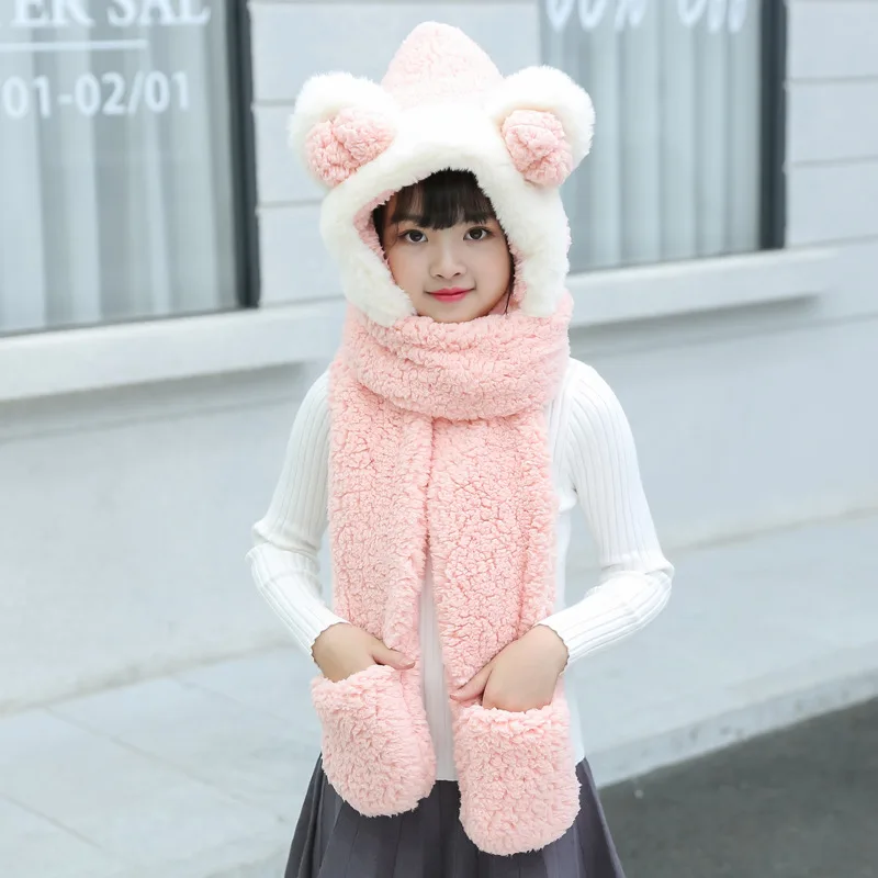 Snow bud Kids Модная шапка для животного с капюшоном из искусственного меха, с бантом, с ушками, с карманами для рук, для женщин, 3 в 1, теплая плюшевая шапка с шарфом, перчатки для мамы и ребенка - Цвет: Snow bud Kids