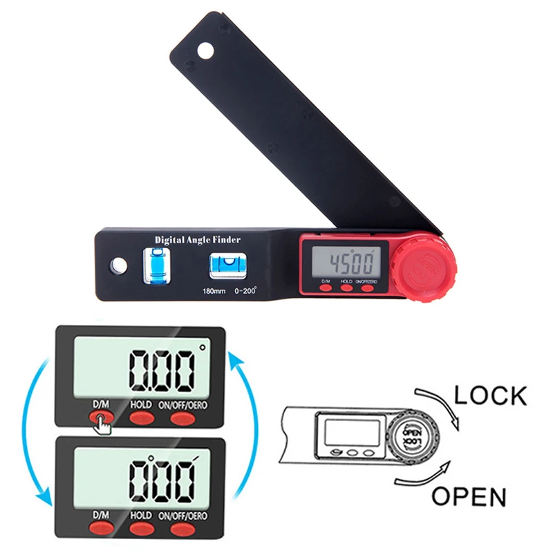 Миниатюрный спиртовой уровень 2 в 1 линейка-угломер на 200 градусов цифровой