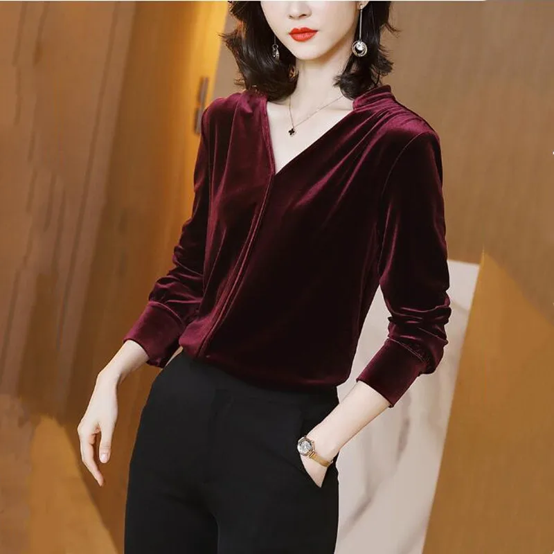 

Long Sleeve Women Blouses Autunm sexy velvet Blouse Shirt Casual Tops Elegant Work Wear Office lady velour Shirts M-2XL