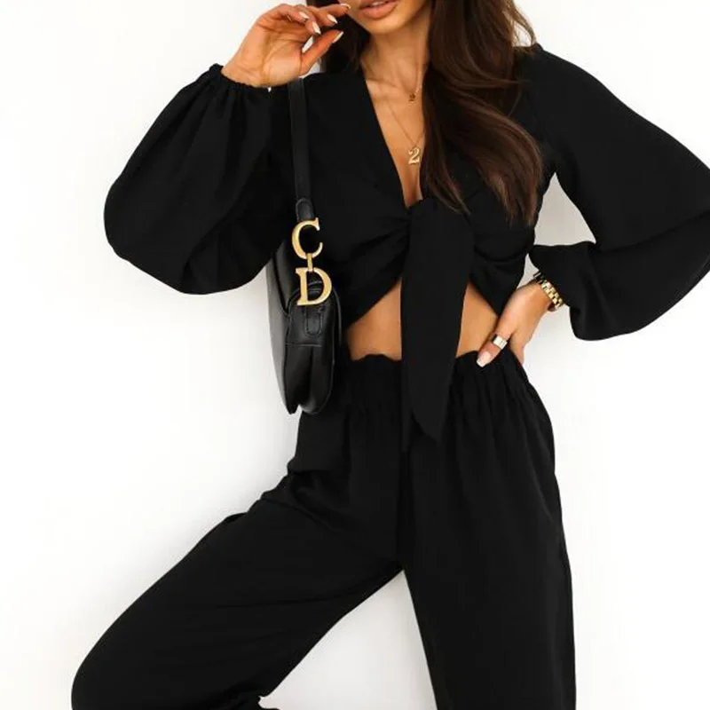 

Elegant Solid V-Neck Lantern Long Sleeve Tops & Wide Leg Pants Set Women Casual Lace-Up Two Piece Sets Fashion Office Lady Suits