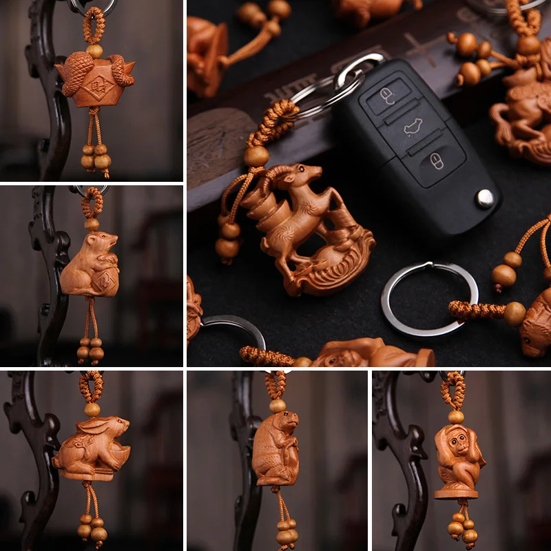 Chinese Peach Wood Zodiac Keychain Three-dimensional Carved Monkey Sheep Snake Dragon Tiger Exquisite Keyring Gift Pendant | Украшения и