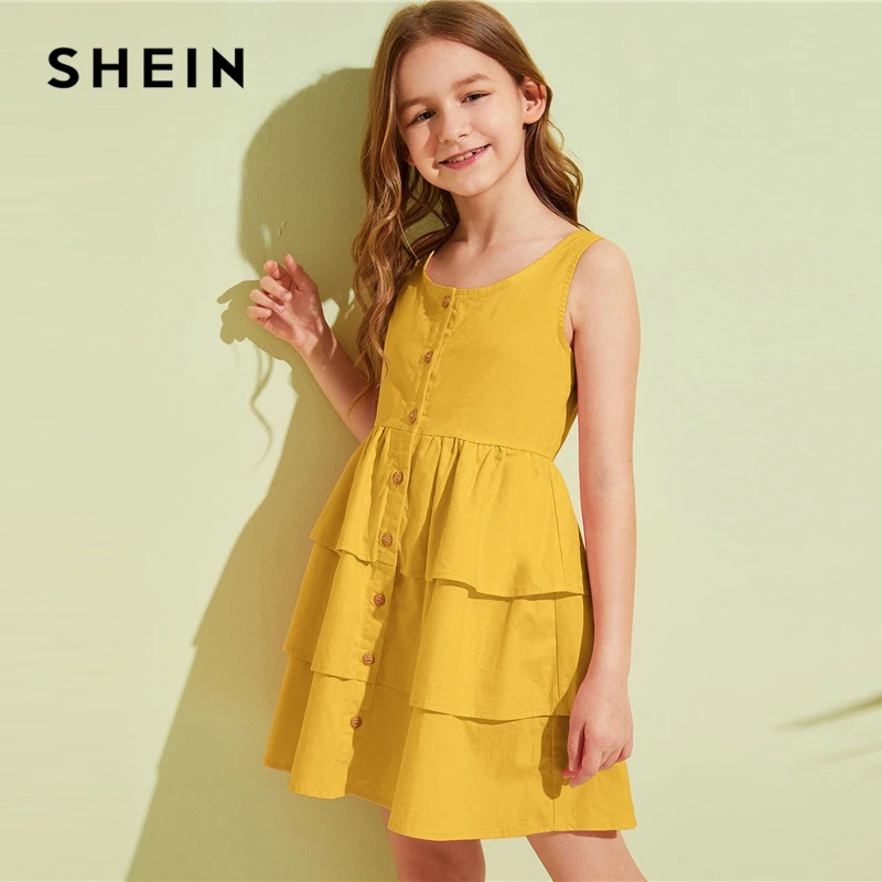 SHEIN детское короткое платье для девочек-подростков с оборками и пуговицами спереди, летние многоуровневые платья для девочек
