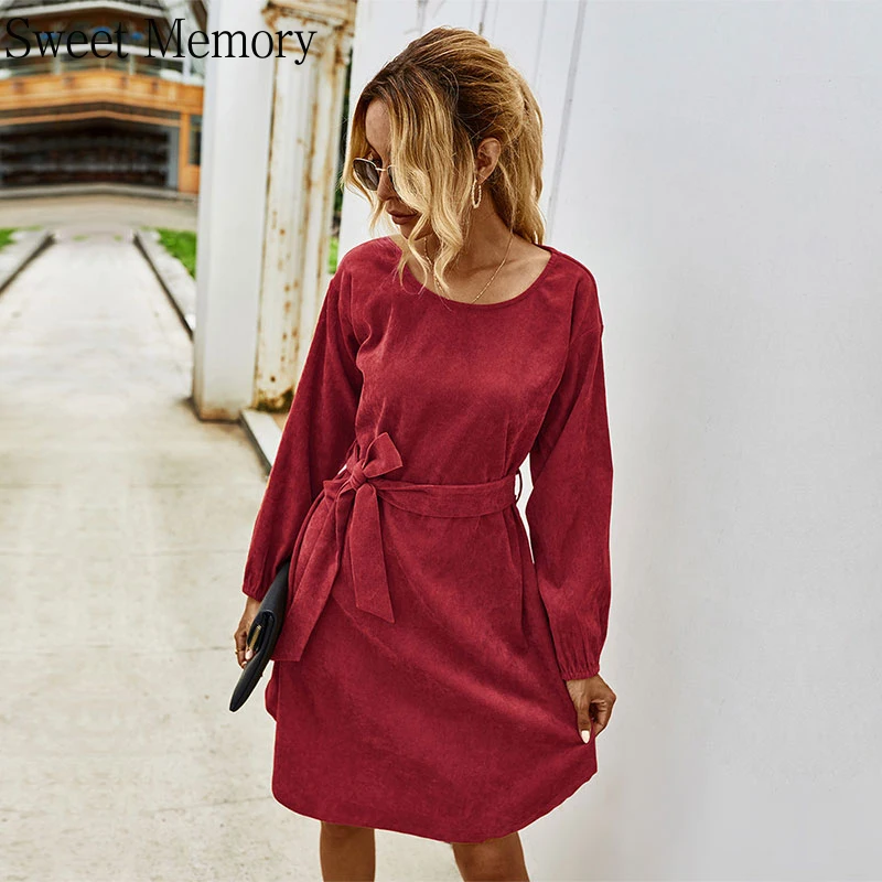 

Sweet Memory 2021 Lady Autumn Winter Bandage Vintage Dresses Women Full Sleeve O Neck Lade Up Knee Length Dress with Belt