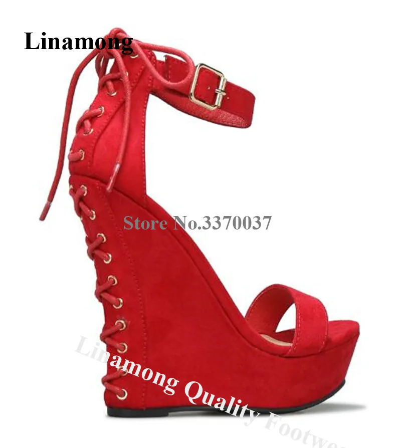 

Western Fashion Style One Strap High Platform Back Lace-up Wedges Suede Leather Ankle Strap Buckle Wedge Sandals Dress Heels