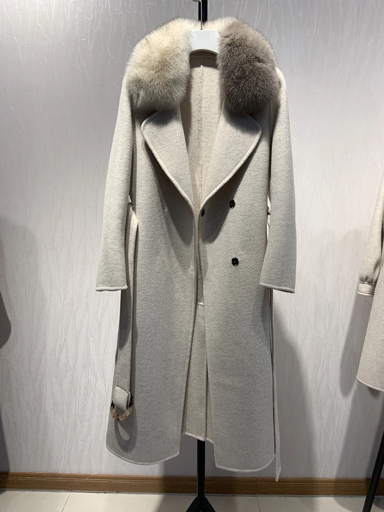 OFTBUY новое пальто из натурального меха лисы меховой воротник зимняя куртка женская Шерстяная Смесь тонкая Длинная Верхняя одежда с поясом женская уличная
