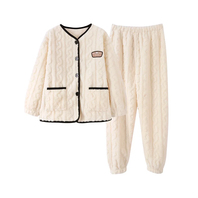 

Women Coral Velvet Winter 2PCS Sleepwear Full Sleeve Loose Pajamas Suit V-Neck Casual Nightwear Thicken Warm Home Clothes