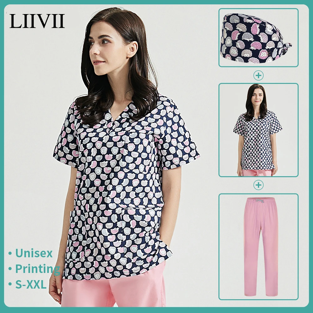 

Unisex Fashion V-neck Men Beauty Salon Pet Shop Work Clothes Cartoon Printing Work-wear Scrub Tops New Nurse Uniform New Summer
