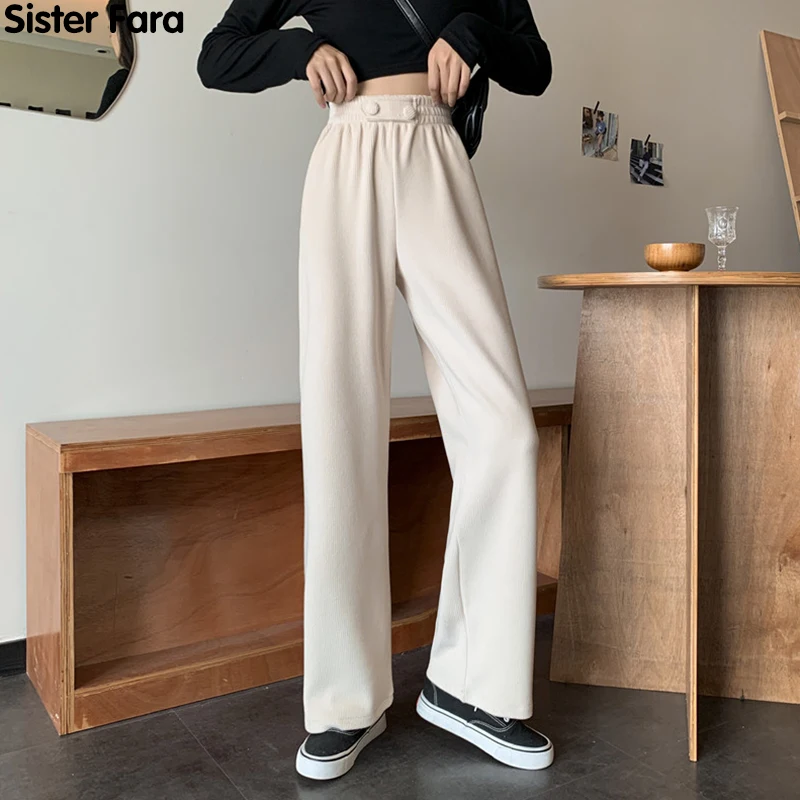 

Sister Fara Spring Wide Leg Pants Woman's Autumn High Waist New Casual Trousers Buttons Straight Female Pants Full Length 2021