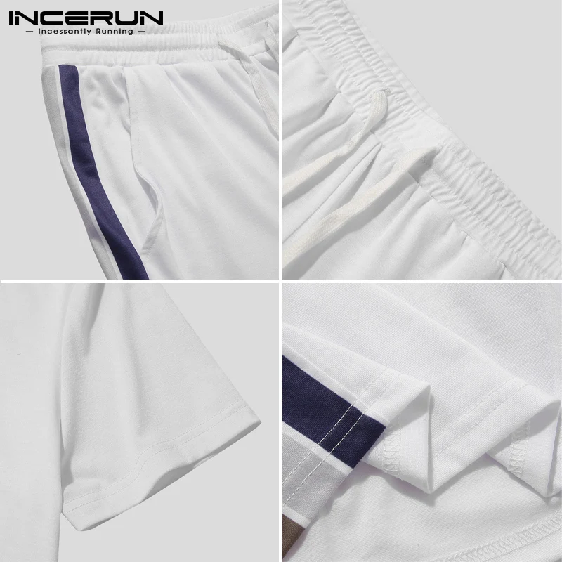 

INCERUN Summer Fashion Men Sets Striped O Neck Short Sleeve T Shirt Drawstring Shorts 2 Pieces 2021 Streetwear Casual Men Suits