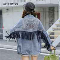 denim jacket korean floral embroidery suede fringe loose chaquetas mujer coat long sleeve outerwear jacket women