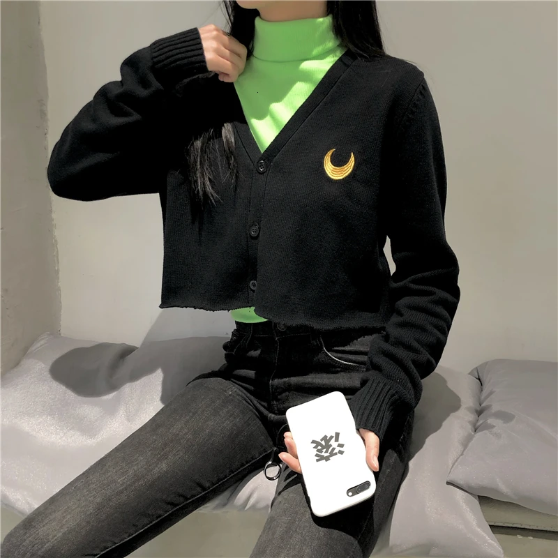 Harajuku Модный женский однобортный Кардиган с вышивкой Луны, Модный мягкий вязаный короткий свитер с длинным рукавом, верхняя одежда