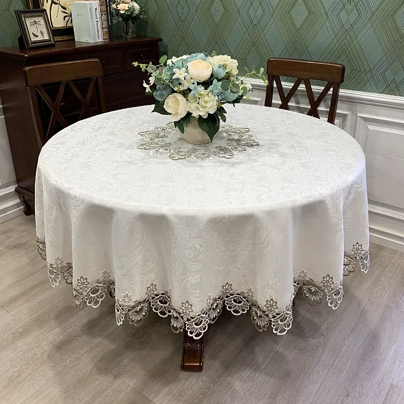 

Embossed Round Tablecloth European Golden Soluble Embroidery Hollow Hem Dining Table Cloth Washable Satin Home Tea Table Cover