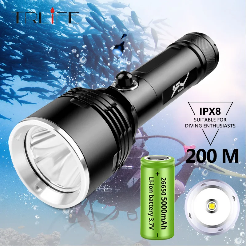 

Professional Scuba Diving Light 200 Meter XHP70.2 Waterproof IPX8 Underwater LED Flashlight Diving Lanterna Torch by 18650/26650