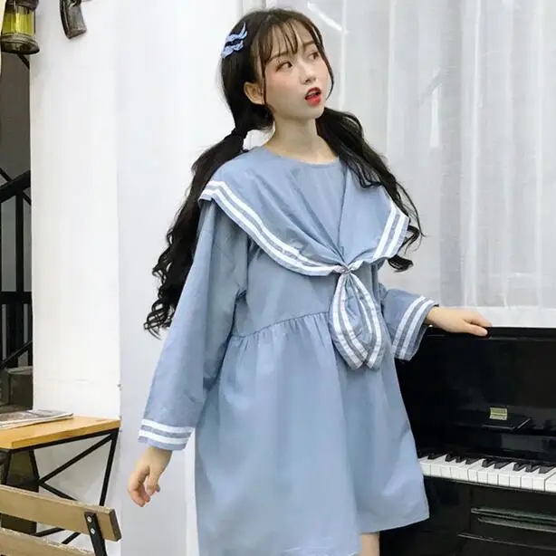 Японский в стиле Mori Girl женские милое платьице с матросским воротником цвет: