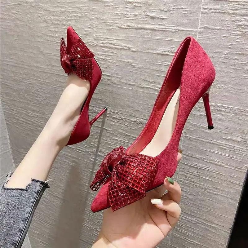 

2021 Spring New Women's Fashion Single Shoes Women Pointed Sexy Wedding Party High Heel Shoes Bowknot Shoes Zapatos De Mujer