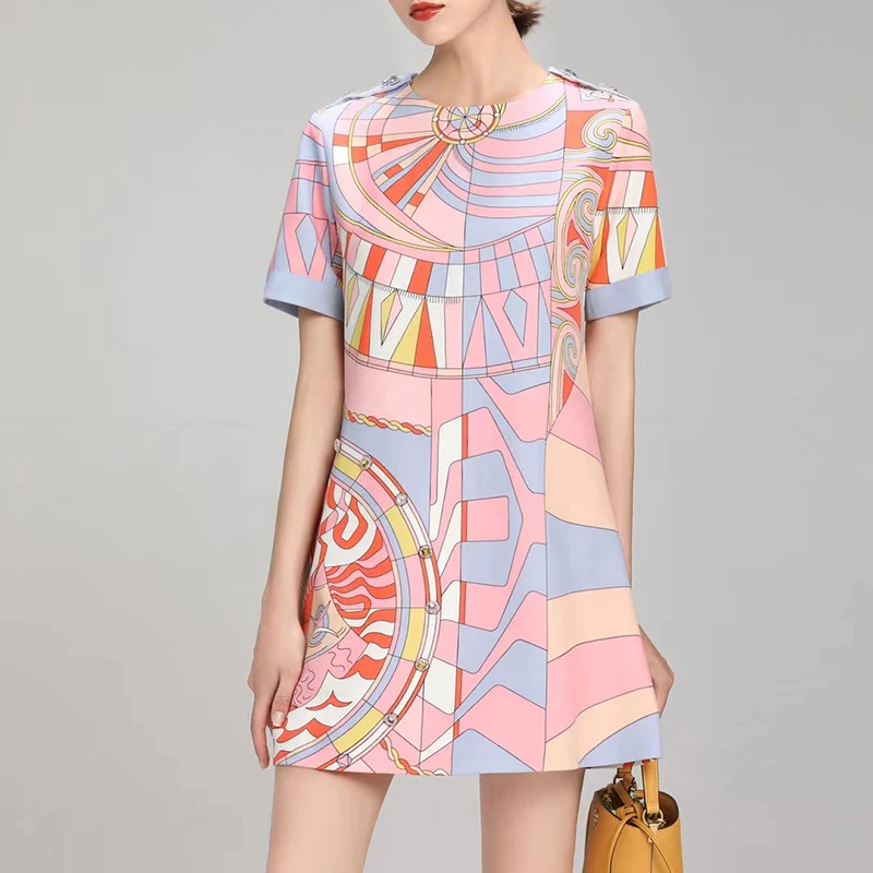

2021 Summer Fashion Designer Mini Dresses Women Color Matching Button Printed Vintage Elegant Dress