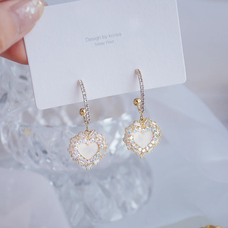 

Trendy Elegant 14K Real Gold Plated Heart Earrings Charming for Women Top Shiny Zircon S925 Silver Needle Jewelry INS Hot Gift