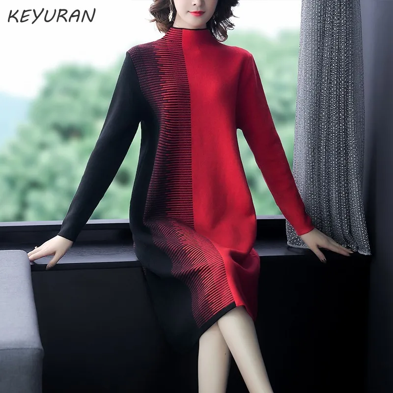 Женское трикотажное лоскутное сексуальное платье свитер с высоким воротом