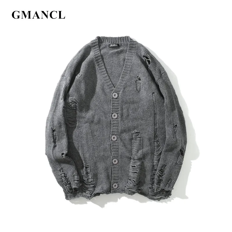 Мужской дизайнерский кардиган с дырками однотонный шерстяной Свободный вязаный