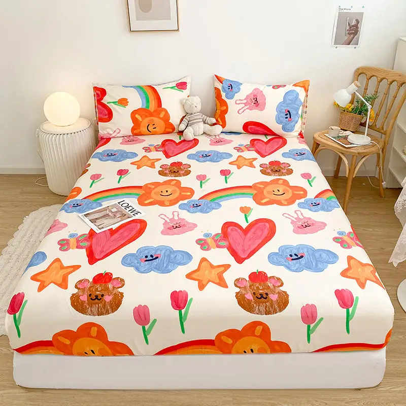 Bonenjoy 1pc 100% Cotton Bed Sheet With Elastic Cartoon Print Fitted Bed Sheet Queen/King Size Colchas Para Cama (No Pillowcase)