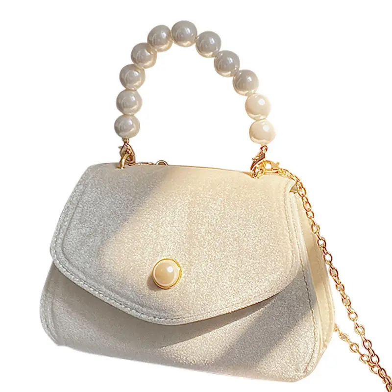 

France Retro Pearl Portable Small Square Bag Banquet Package Ladies Bag Suede Chain Crossbody Shoulder Bag Purses Satchels