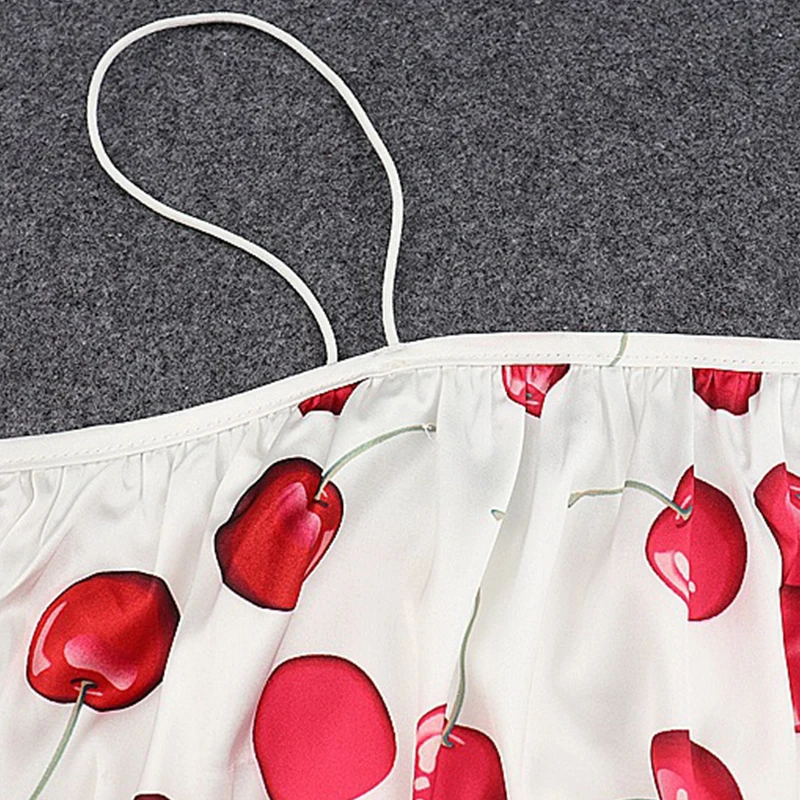 

2021 New Sexy Slim Cherry Print Spaghetti Straps Summer Camis Fresh Fashion Basic Sweet Tops for Women Draped White Camisole