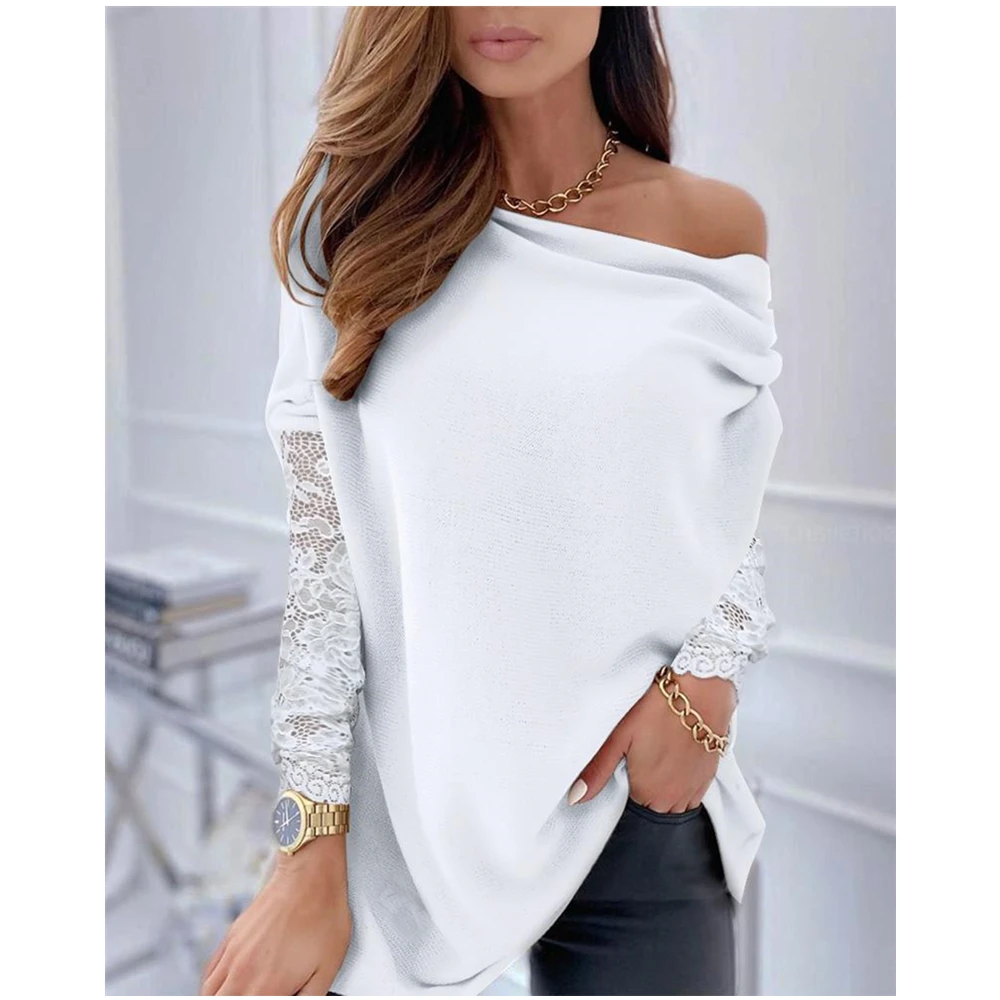 

WEPBEL Women Autumn Winter Loose Off Shoulder Sexy Knitted Pullover Sweater Casual Ladies Long Sleeve Solid Color Top Knitwear