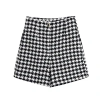 women 2021 fashion houndstooth tweed bermuda plaid shorts vintage high waist zipper fly female short trousers mujer