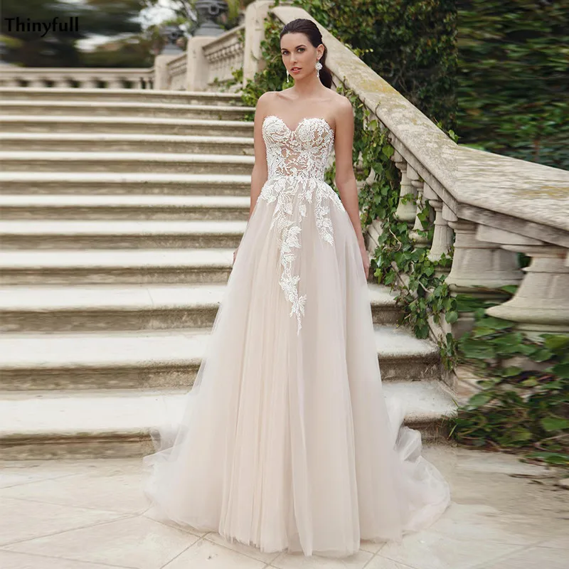 

Свадебные платья Thinyfull в стиле бохо, цвета шампанского, с кружевной аппликацией, а-силуэта, пляжные, со шнуровкой сзади, свадебные платья, Robe ...