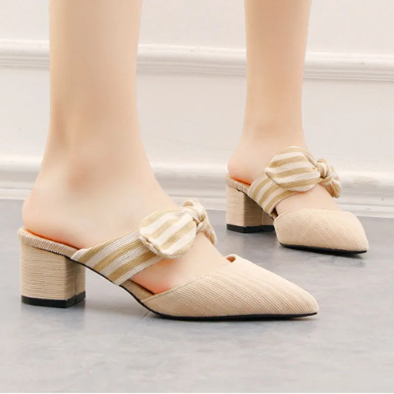 

2020 chun xia tide is newly produced pointy thick with stripe bowknot cool drag half drag high heel woman's sole shoe