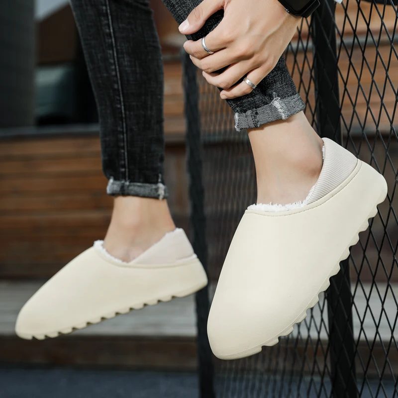 

Winter Men Slippers Plush Warm Home Non-Slip Thick-Sole EVA Outdoor Cotton Slippers Women Waterproof Platform Shoes Big Size 46