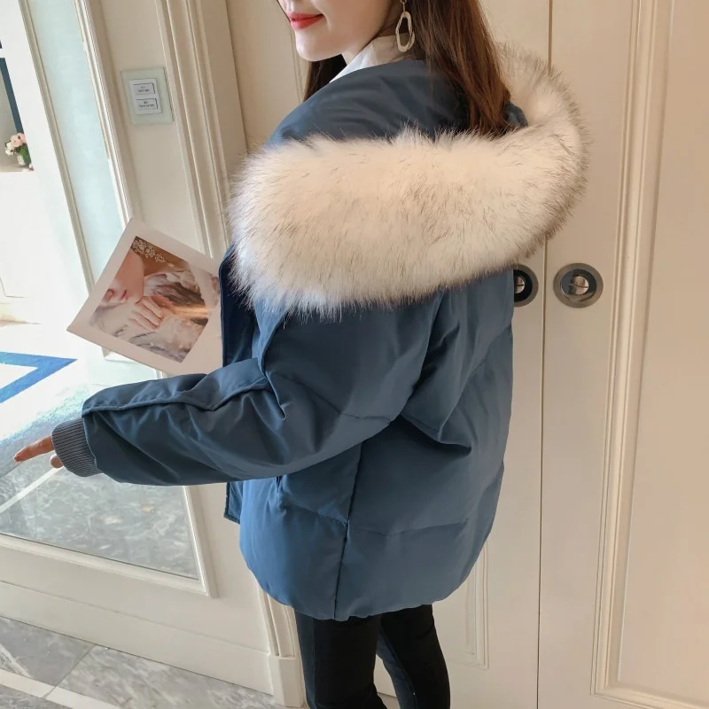 Loose Fur Collar Parkas Women Autumn Winter Thick Warm Down Coats Solid Color Zippers Hooded Outwear Urban Women Commute Jackets