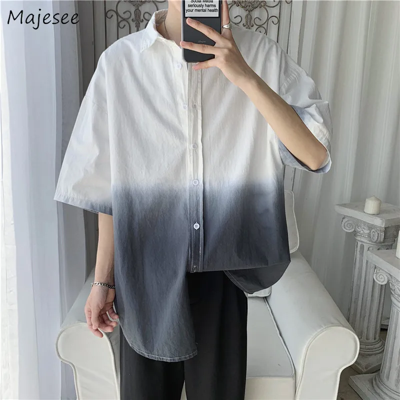 

Gradient Causal Shirts Men Large Size M-3XL Summer High Street Oversize Simple Chic Ins Trendy Baggy Streetwear Panelled Outwear