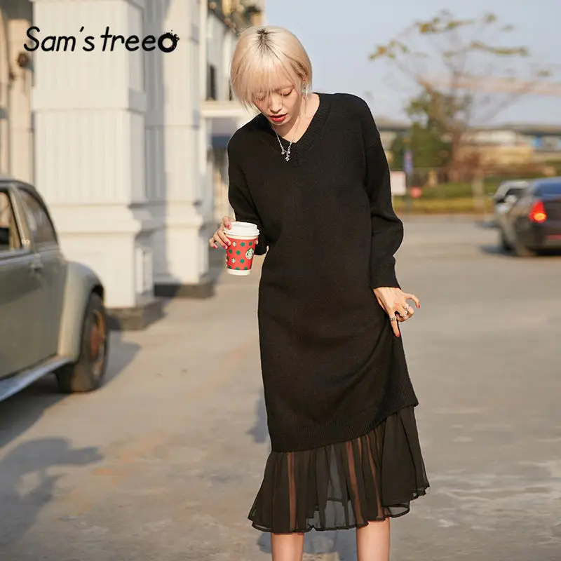 SAM'S TREE Черный однотонный минималистичный стиль Вязаный Пуловер женское платье зима розовый чистый шифон пэчворк повседневные женские платья