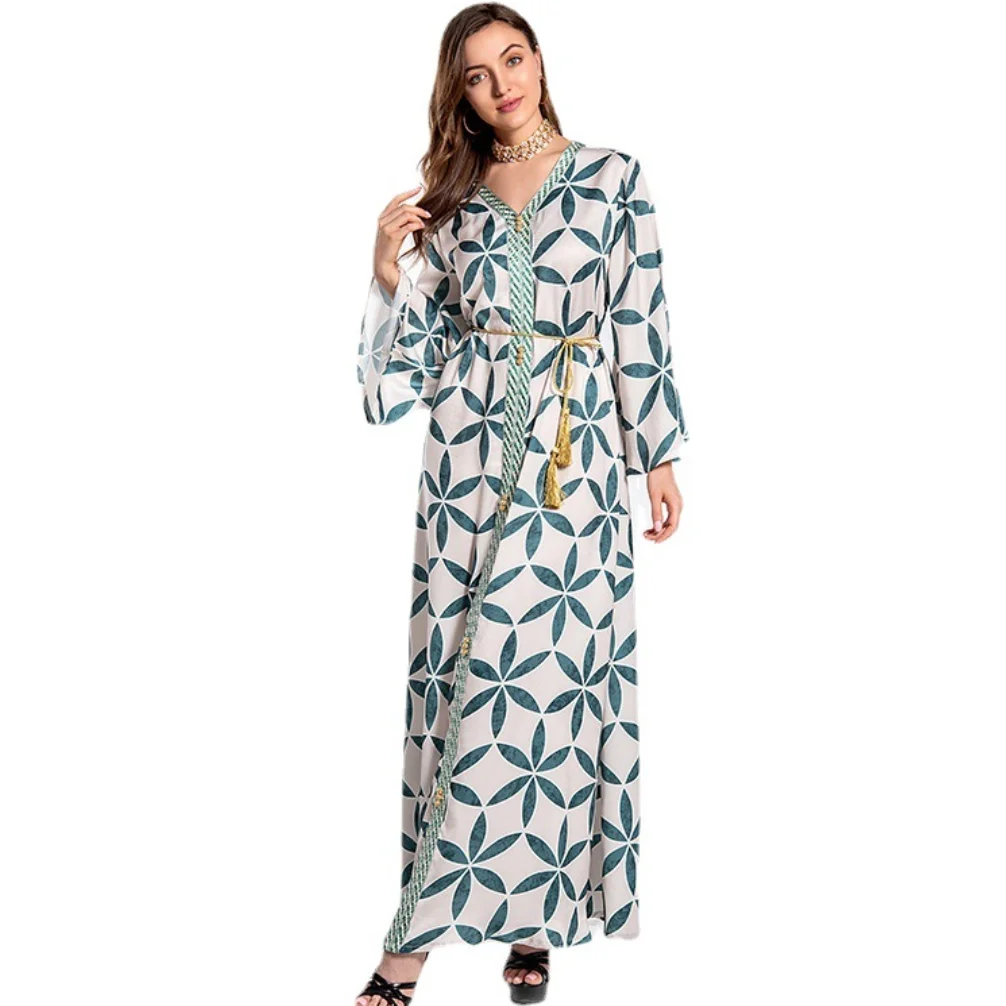 Новинка 2021, мусульманский темпераментный свободный женский халат Ближнего Востока в Дубае, модный принт, кружевной халат, платье в стиле Дж...