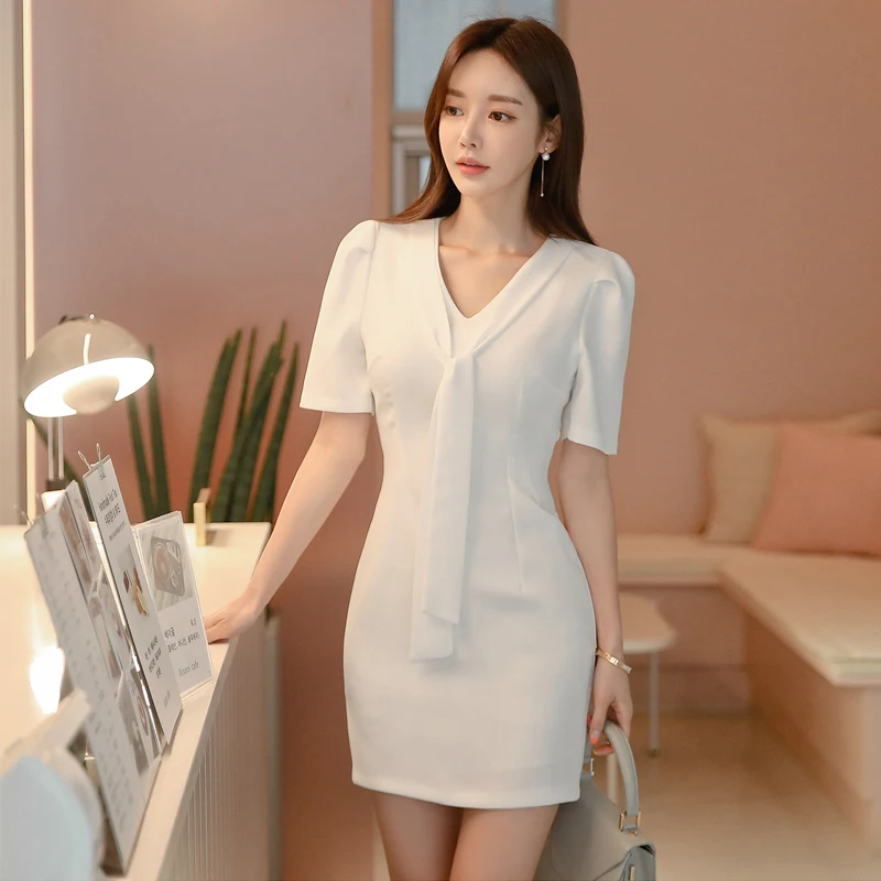 Белый Bodycon Drsses для лета Корея с коротким рукавом v образным вырезом Женские