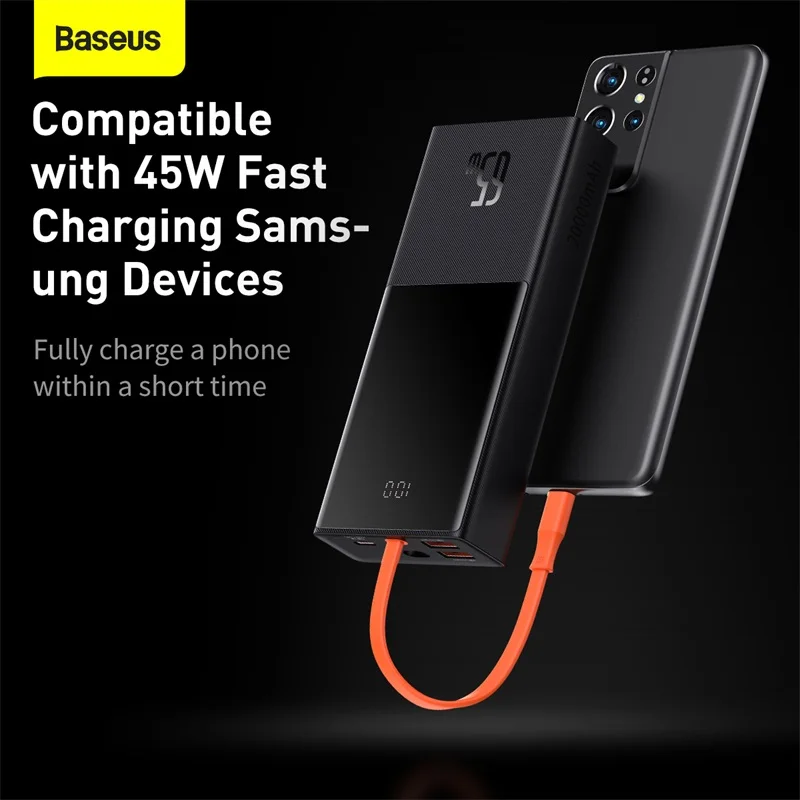 baseus 65w power bank 20000mah with type c two way cable external battery for phone and notebook three port fast charging free global shipping