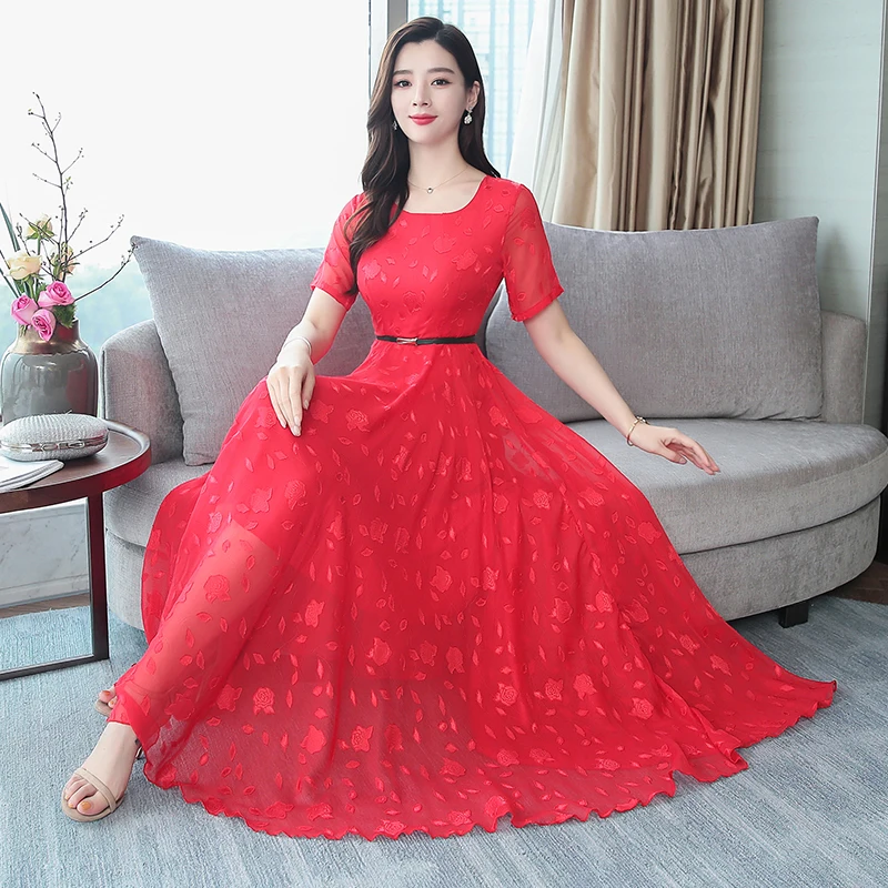 

New arrival elegant ladies summer chiffon dress solid color chiffon see through long dresses