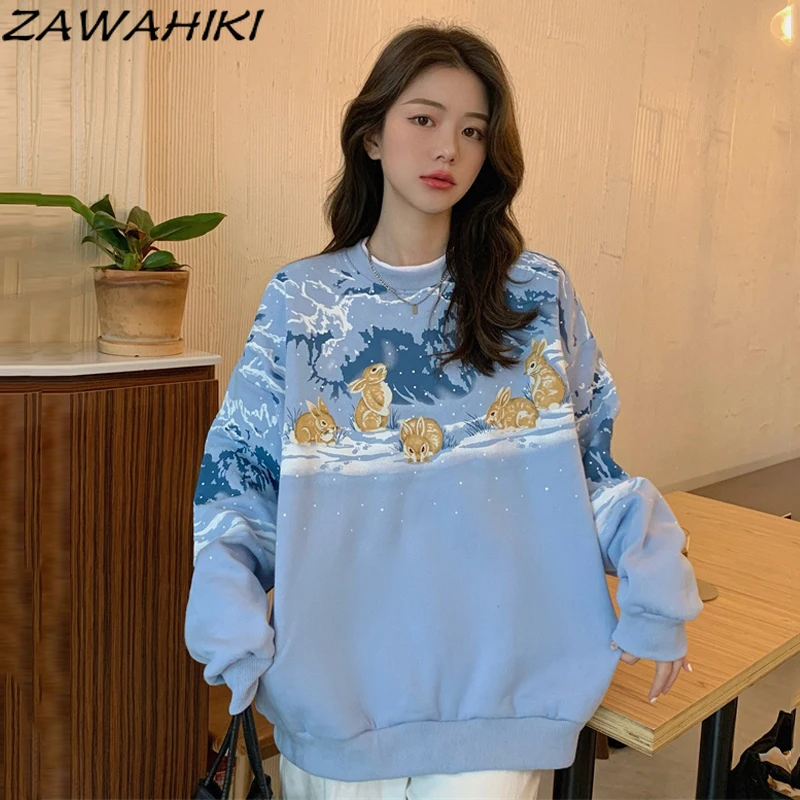 

Осенний Свитшот zawhiki, Женский пуловер с длинным рукавом на весну и осень, новый стиль, с мультяшным принтом, милый корейский Свободный Топ с к...