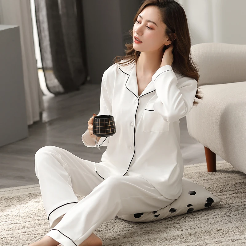 2020 Women's 100% Cotton Solid White Pajamas Set Autumn&Winter 2 Pcs Set Warm Sleepwear Nightgown Ladies Home Lounge Clothes