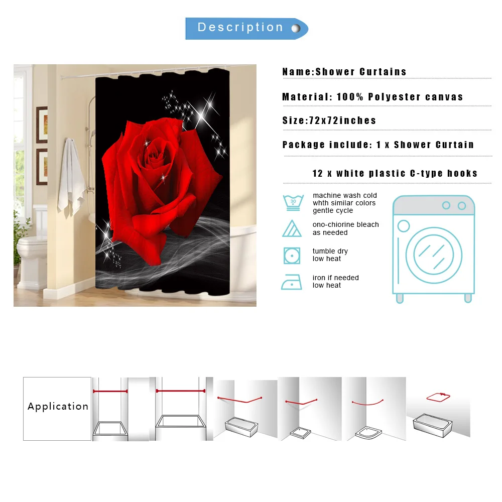 

Rose Shower Curtain Black and Red Fabric Bathroom Curtain Set with Hooks Romantic Floral Flower Decorative Bath Curtain